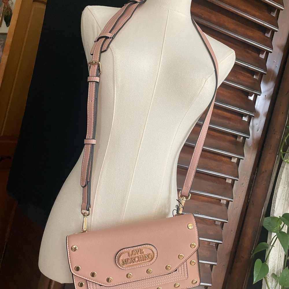Love Moschino Pink Studded Crossbody Bag Vegan Leather Slight As Is - Picture 3 of 12